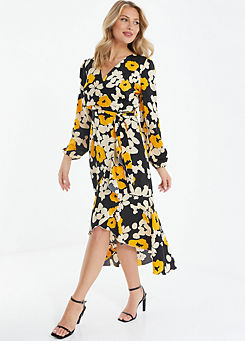 Quiz Mustard & Black Floral Long Sleeve Frill Hem Midi Dress