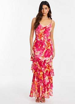 Quiz Pink & Orange Chiffon Smudge Print Cowl Front Maxi Dress