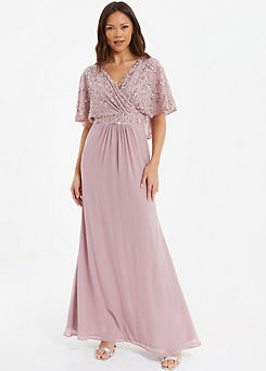 Quiz Pink Embellished Mesh Cap Sleeve Maxi Dress with Wrap Bust