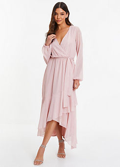 Quiz Pink Metallic Chiffon Long Sleeve Wrap Midaxi Dress with Frills