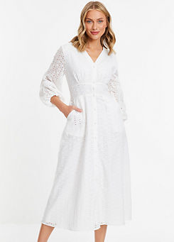 Quiz White Broderie Anglaise Midi Dress with Long Sleeves