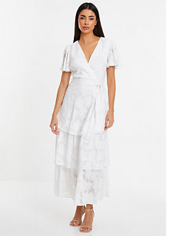Quiz White Jacquard Wrap Midi Dress with Tiers and Tie Waist Belt