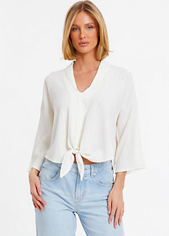 Quiz White Textured Woven Batwing Tie Front Top