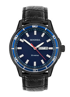 Sekonda Midnight Men’s Classic Black Leather Strap with Blue Dial Watch