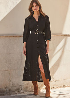 Sosandar Black Broderie Detail Midi Shirt Dress