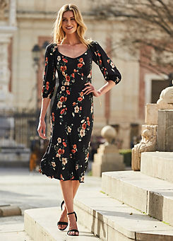Sosandar Black Floral Print Sweetheart Neckline Midi Jersey Dress