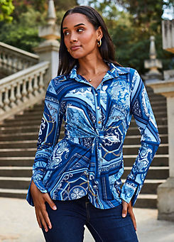 Sosandar Blue Scarf Print Jersey Twist Front Shirt