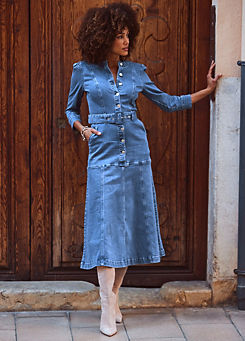 Sosandar Mid Blue Panelled Detail Button Front Denim Dress