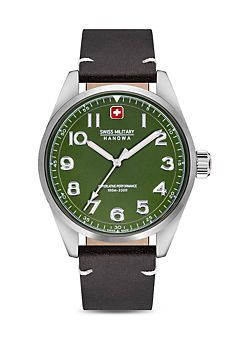 Swiss Military FALCON Watch Silver Case with Olive Green Dial. Dark Brown Leather Strap