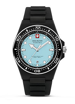 Swiss Military OCEAN PIONEER Watch Black Case with Blue Dial. Black Silicone Strap