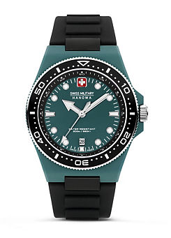 Swiss Military OCEAN PIONEER Watch Black/Green Case with Green Dial. Black Silicone Strap