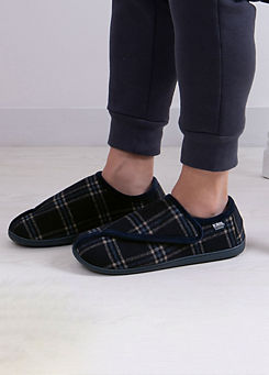 Totes Isotoner Mens Navy Check Velour Closed Back Slippers
