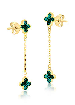 Tuscany Gold 9CT Yellow Gold Malachite Clover Petals Drop Stud Earrings