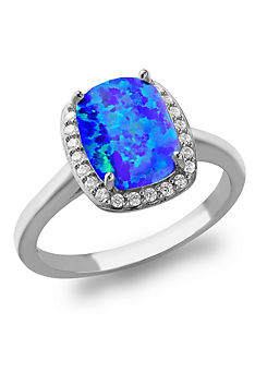 Tuscany Silver Sterling Rhodium Plated Rectangle Synthetic Blue Opal & White Cubic Zirconia 10mm x 11mm Halo Ring