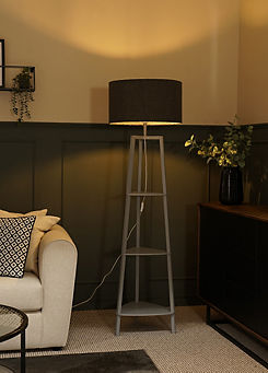 ValueLights Hiru Grey 3 Tier Shelf Wooden Floor Lamp with Large Boucle Reni Shade