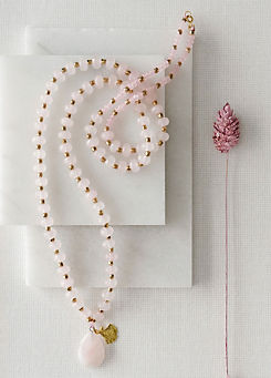 Xander Kostroma Long Length Rose Quartz Stone Necklace with Gold Tone Detail