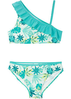 bonprix Girls Floral Print Ruffle Trim Bikini Set with Flounce