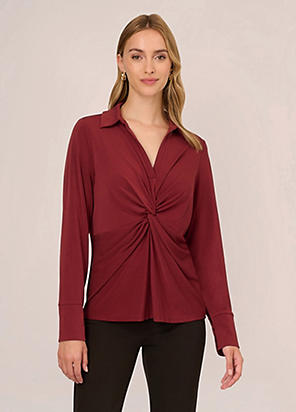 Adrianna Papell Knit Button Front V Neck Shirt Freemans