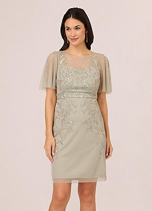 Adrianna Papell Beaded Mesh Wrap Dress Freemans