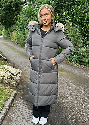 Longline padded coat with fur hood hotsell