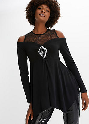 Sosandar Black Lace High Neck Top