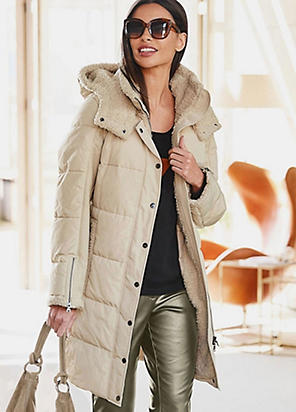 Heine Quilted Coat with Teddy Lined Hood Freemans