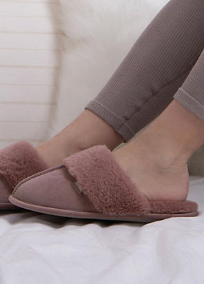 Totes grey suede mule best sale with faux fur collar