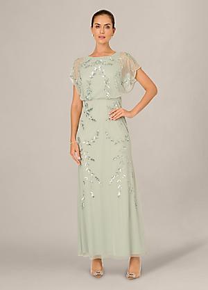 green emerald velvet dress Hand Beaded Short Sleeve Floral Godet Gown In Dusty Emerald main image 1