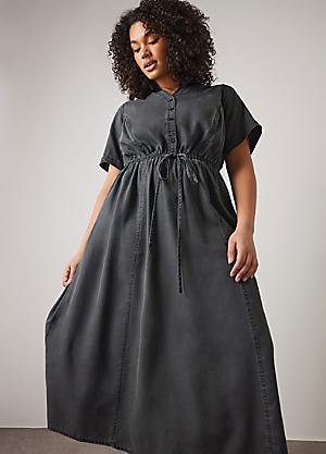 lyocell denim shirt dress Lyocell Cotton Blend Denim Women V-Neck Maxi Shirt Dress With Belt, Off White / M