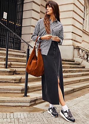 plus size black denim midi skirt