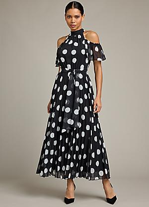 Kaleidoscope Spot Print Pleated Cold Shoulder Maxi Dress Freemans