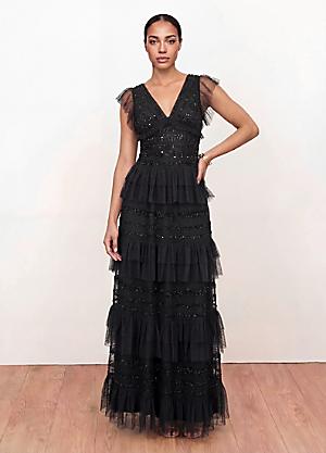 size 18 black evening dress Ever-Pretty Inclusive 2026 Sparkly and Shine Plus Size High-Low A-Line Front Slit Evening Dress