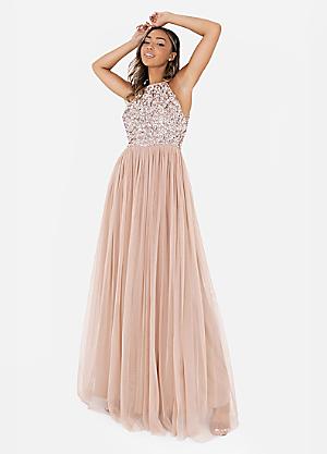 Maya Deluxe Taupe Blush Embellished Halterneck Maxi Dress