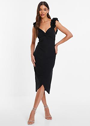 Sosandar Black Luxe Lace Twist Neck Detail Pencil Jersey Dress