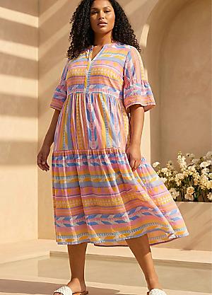 Roman Curve Stripe Print Boho Tiered Dress