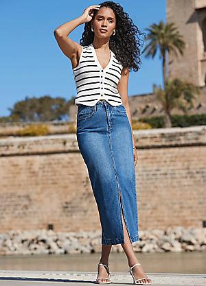 mid length denim skirts womens