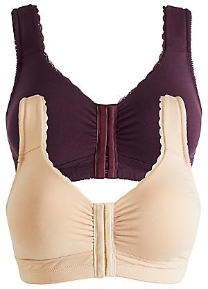 Front Fastening Lace Non Wire Support Bras 2 Pack