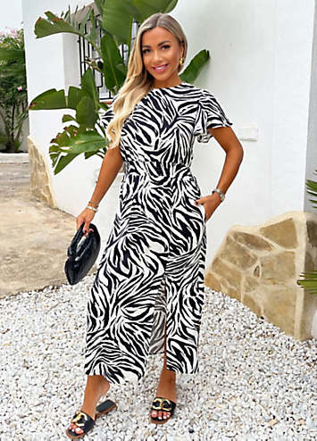 AX Paris Black And White Zebra Print Flutter Sleeve Midi Dress