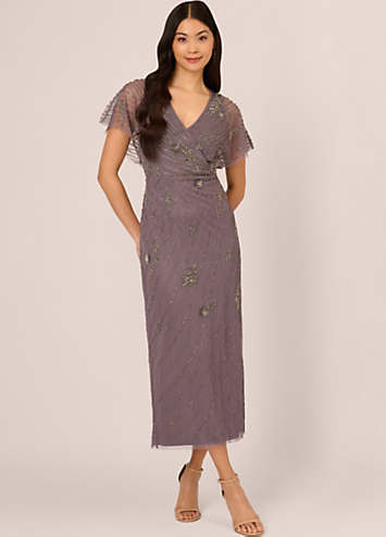 adrianna papell beaded flutter sleeve cocktail dress Adrianna Papell Flutter Sleeve Beaded Wrap Dress main image 0
