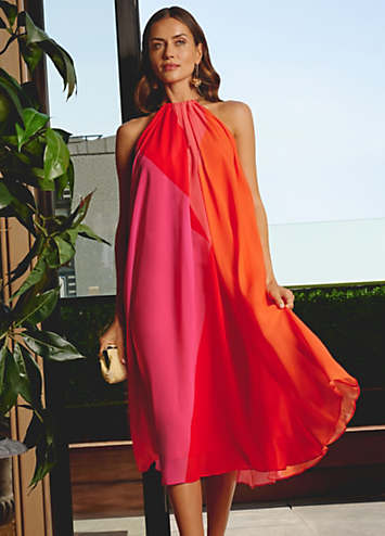 【海外限定】AdriannaPapell ドレス☆Colour Block Maxi Dress, Adrianna Papell Chiffon Color Block Halter Neck Sleeveless