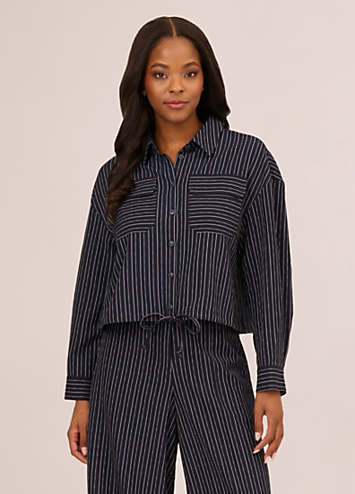 Adrianna Papell Pinstripe Button Up Woven Jacket Drawstring Freemans