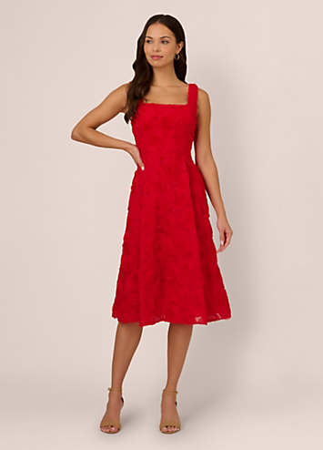 【海外限定】AdriannaPapell ドレス☆Red Soutache Rosette Midi Adrianna-Papell-Soutache-