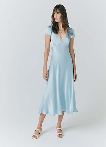 ghost london bridesmaid dresses Lillie Lace Trim Satin Dress Winnie is as elegant _okendo:syndication_key:CL137475001 Color:Royal/Peacock Austin Powers Costumes - White