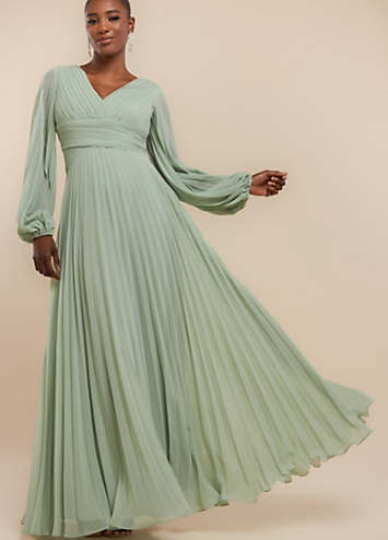 Goddiva Balloon Sleeve Chiffon Maxi Dress  - Sage Green
