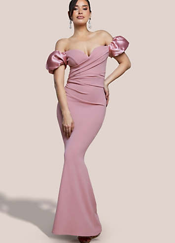 Goddiva Plunging Neck Pleated Sleeves Scuba Maxi Dress - Navy Blue