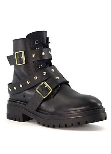 Dune risky black sale leather buckle ankle boot