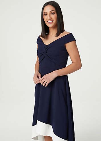 Navy bardot knot on sale front dip hem dress