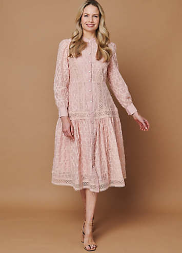 Izabel London Embroidered Lace Long Sleeve Midi Dress | Freemans