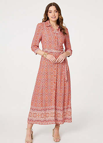 Izabel London Geo Print Tie Waist Maxi Shirt Dress Freemans
