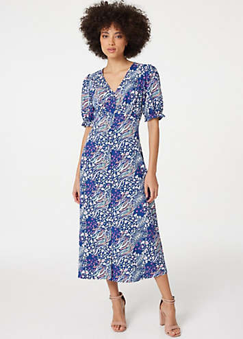 Izabel London Multi Navy Patchwork Print Midi Tea Dress | Freemans